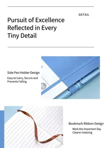 Nahaufnahme der A5 Business Notizbuch Details mit elastischem Stiftehalter und Lesebändchen.