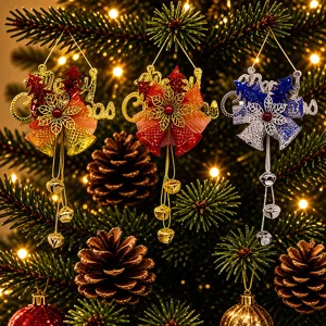 Merry Christmas Κρεμαστή Πινακίδα με Γράμματα και Διπλά Καμπανάκια Χρυσό Κόκκινο Ασημί Φιόγκος με Γκλίτερ Διακόσμηση για Χριστουγεννιάτικο Δέντρο Αξεσουάρ Στεφανιού