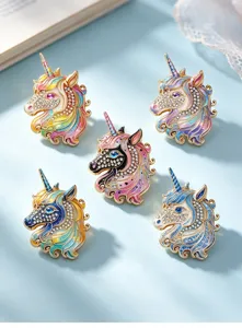 Cute unicorn brooch pin set, enamel crystal rhinestone animal lapel jewelry for women.