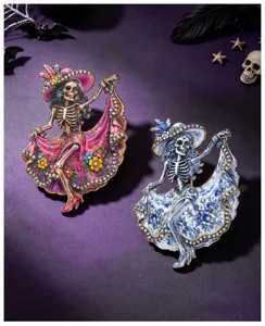 Day of the Dead skeleton brooch set, dancing lady rhinestone pin for Halloween party detail