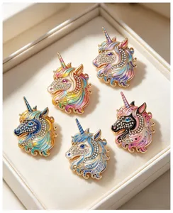 Exquisite colorful enamel unicorn brooch pins detail shot, featuring sparkling rhinestones.