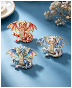 Detailed close-up shot of exquisite dragon brooches featuring vibrant enamel and rhinestone details.