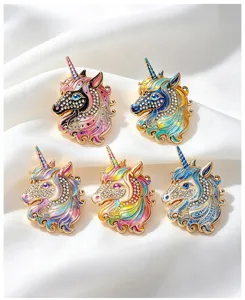 Exquisite rhinestone enamel unicorn brooch set, colorful metal lapel pin for women fashion.