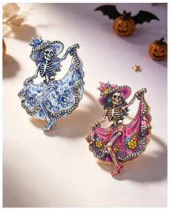 Day of the Dead skeleton brooch Halloween rhinestone dancing lady dress pin accessory