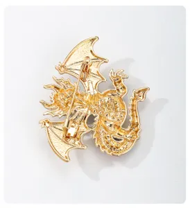Gold flying dragon brooch back view showing secure pin clasp mechanism detailed alloy metal accessory