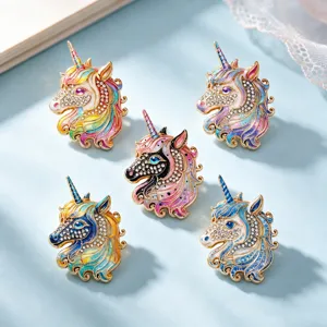 Cute enamel rhinestone unicorn brooch pin for women, trendy animal alloy jacket fashion badge.