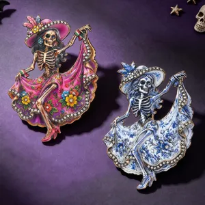 Day of the Dead Skeleton Brooch Rhinestone Dancing Lady Pin Halloween Costume Jewelry Gift