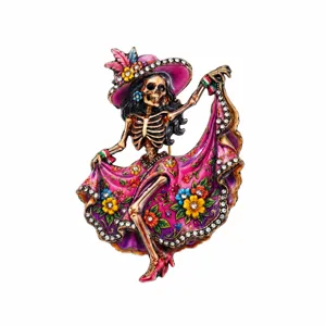 Cross-border Day of the Dead skeleton brooch, dancing woman alloy rhinestone pin for holiday.