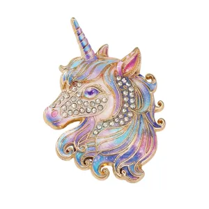 Exquisite unicorn enamel brooch with sparkling rhinestones and colorful gradient design for women.