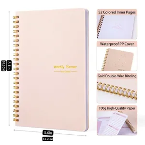 A5 Spiral Wochenplaner Notizbuch mit wasserdichtem PP Cover, 100g Papier und goldener Drahtbindung.