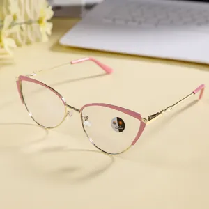 Trendy metal cat eye glasses frame with pink design, anti blue light photochromic detail view.