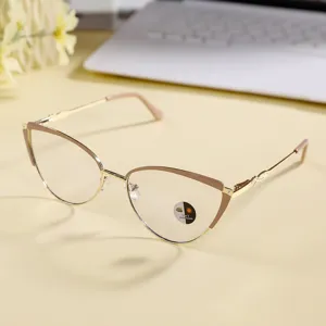Detailed shot of trendy metal cat-eye glasses frame with photochromic anti-blue light lenses.