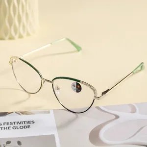 Metal cat-eye glasses frame with green rim, stylish anti-blue light optical eyewear for women.