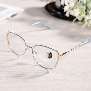Metal rhinestone anti-blue light glasses for women, fashion clear flat optical eyewear.