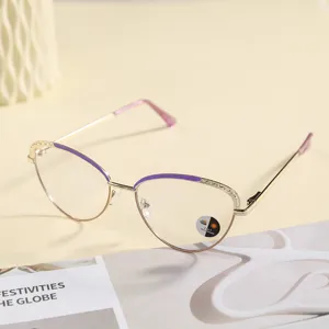 Vintage cat eye metal anti-blue light glasses for women, stylish gold and purple optical frames.