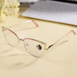 Metal cat-eye anti-blue light glasses detail view, stylish pink and gold optical frame.