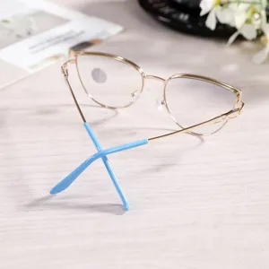 Monture de lunettes chat en métal rétro anti-lumière bleue avec bouts de branches bleus.