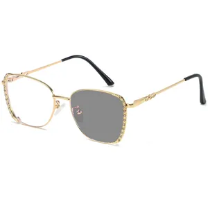 Women stylish metal rhinestone photochromic blue light blocking glasses fashion eyewear
