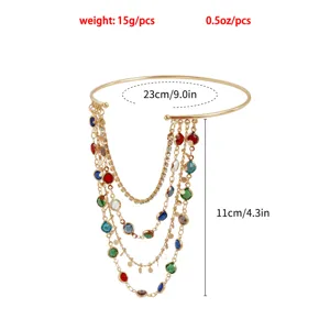 Gold multi-layer gemstone tassel arm cuff bracelet, retro stylish upper arm chain jewelry.