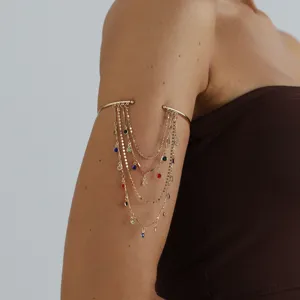 Gold-tone multi-layer chain bicep bracelet with colorful crystal pendants for women style.