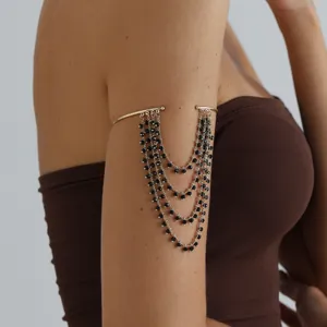 Gold multi-layer beaded arm cuff detail, vintage tassel chain upper arm bracelet for women.