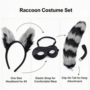 Set costume da procione con cerchietto per orecchie soffici, comoda mascherina e coda.