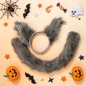 Set cerchietto con orecchie di animale in peluche grigio e coda lunga per festa.