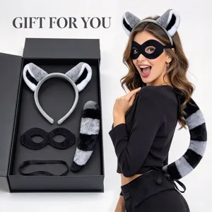 Set cerchietto orecchie di procione e coda peluche con maschera per festa di Halloween