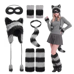 Set costume da procione Halloween cosplay soffici orecchie di animale cappello coda e maschera.