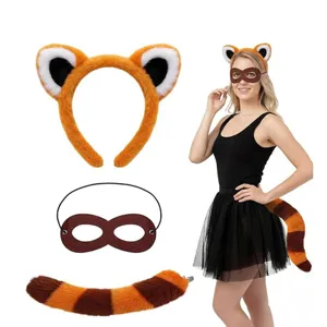 Set costume da procione panda rosso di Halloween con cerchietto orecchie maschera e coda.