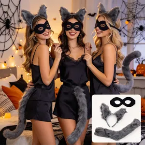 Set costume di Halloween con orecchie di procione, maschera nera e coda soffice.