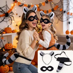 Set costume da procione per Halloween con fascia per orecchie in peluche, maschera e coda.