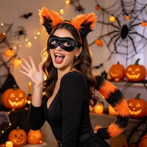 Halloween soffice cerchietto con orecchie di volpe arancione e coda a strisce abbinata.