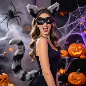 Halloween cerchietto con orecchie da animale peluche e lunga coda striata abbinata
