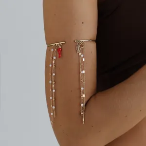 Vintage Tassel Upper Arm Bracelet Gold Metal Bangle With Chili Cross Artificial Pearl Rhinestone Pendants Women Jewelry