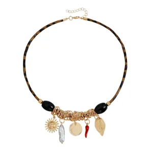 Leopardenmuster Kordel Halskette mit multi Elementen Anhängern retro Stil modischer Schmuck