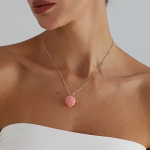Chic gold-tone chain necklace featuring a cute pink raspberry and crescent moon pendant for women.