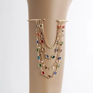 Gold multi-strand rhinestone arm cuff chain, vintage bohemian style upper arm jewelry for women.