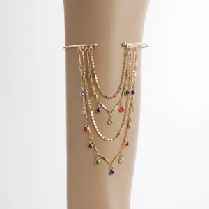 Gold multi-layer tassel arm cuff chic gemstone upper arm chain jewelry for women.