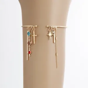 Gold metal arm cuff bracelet with multi charms cross star tassels for women fashion jewelry