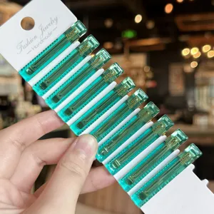 Transparent green acrylic hair clips set, 4.7cm duckbill clip for bangs and side hair styling.