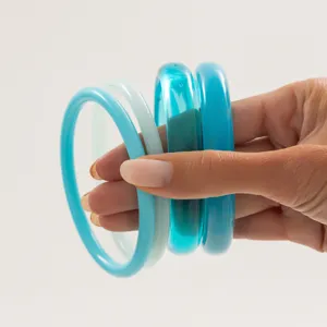Translucent blue resin bangles set, stylish colorful acrylic stackable bracelets for women