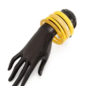 Colorful gradient yellow resin bangles set, smooth glossy stackable bracelets for daily wear.