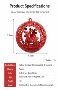 Detailed view of red hollow reindeer Christmas ball ornament, lightweight plastic design.