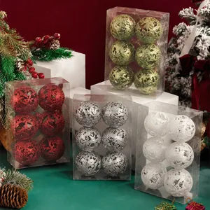 Christmas glitter hollow deer ball set, transparent box packaging, festive tree hanging decor.