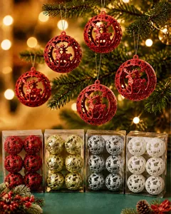 Glitter Christmas tree hanging balls featuring hollow deer ornaments in 4 colors boxes
