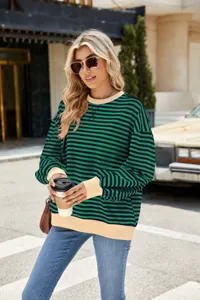 Damen Gestreift Langarm Sweatshirt Freizeit Rundhals Kontrastfarbe Pullover Oberteil Mode