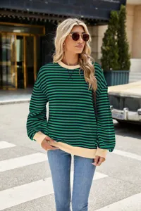 Damen Herbst lässig gestreift langarm Rundhals Colorblock Sweatshirt mit Kontrastbündchen.