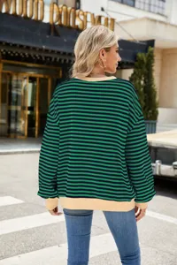 Damen grün schwarz gestreifter Langarm Sweatshirt mit rundem Ausschnitt und Bündchen
