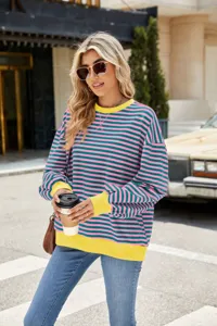 Damen gestreifter Pullover Rundhalsausschnitt langarm Oversize Sweatshirt im Herbst.